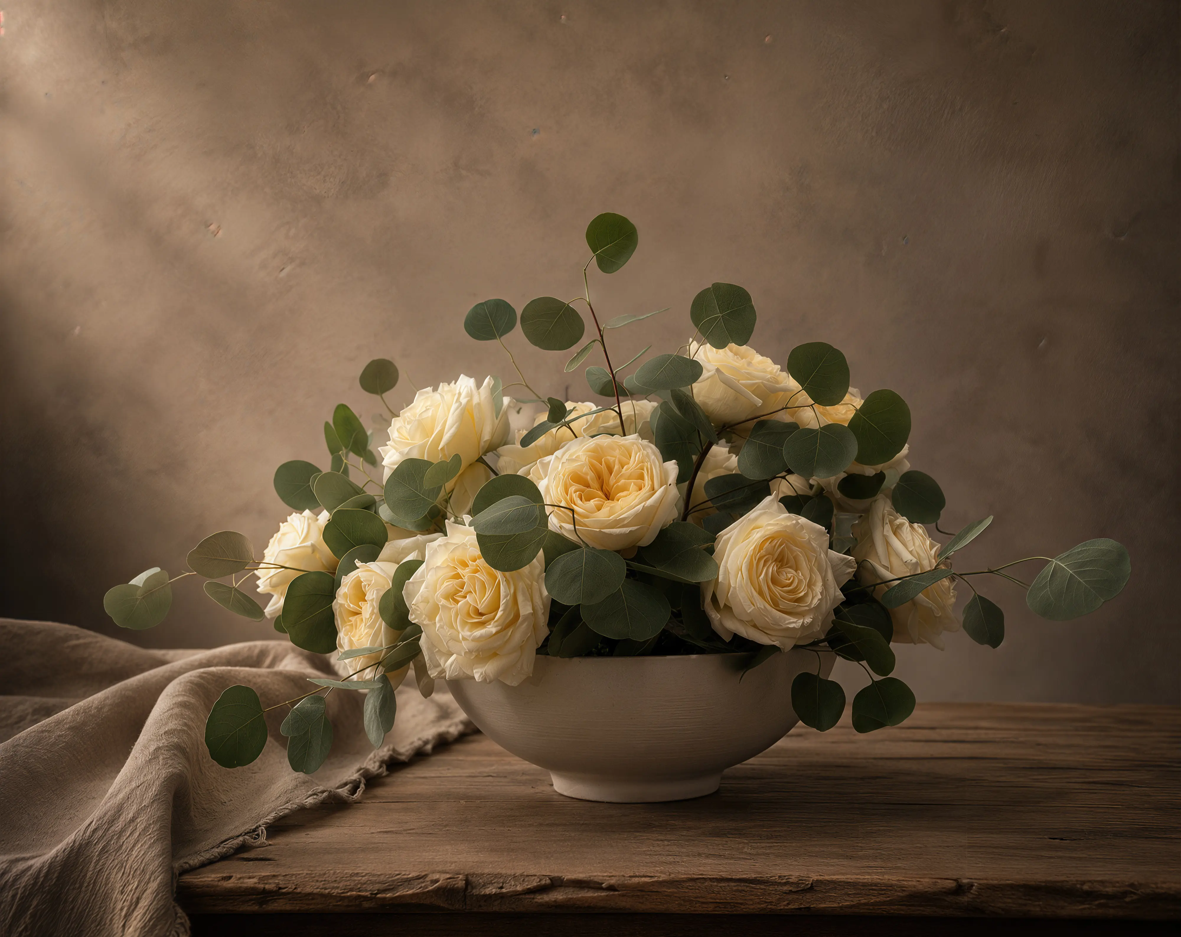 Cream and butter-yellow garden roses arranged with silver dollar eucalyptus in a white ceramic bowl, set on a rustic wood table against a warm taupe backdrop.