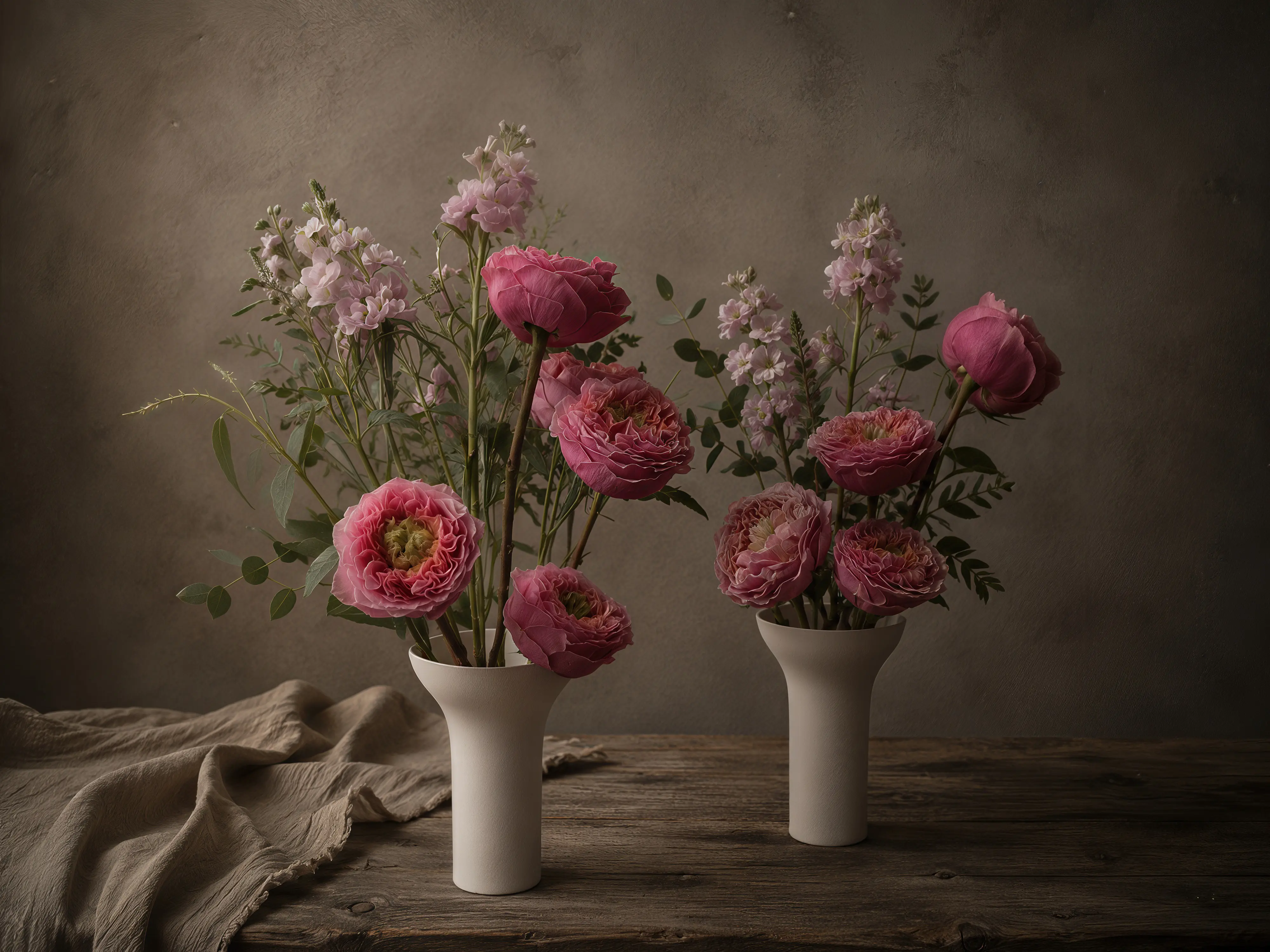 Fine-art floral arrangement featuring pink garden roses, pale pink stock, and delicate greenery displayed in two modern white ceramic vessels. The flowers are arranged with generous negative space and photographed on a weathered wood table against a warm taupe background with soft directional light.