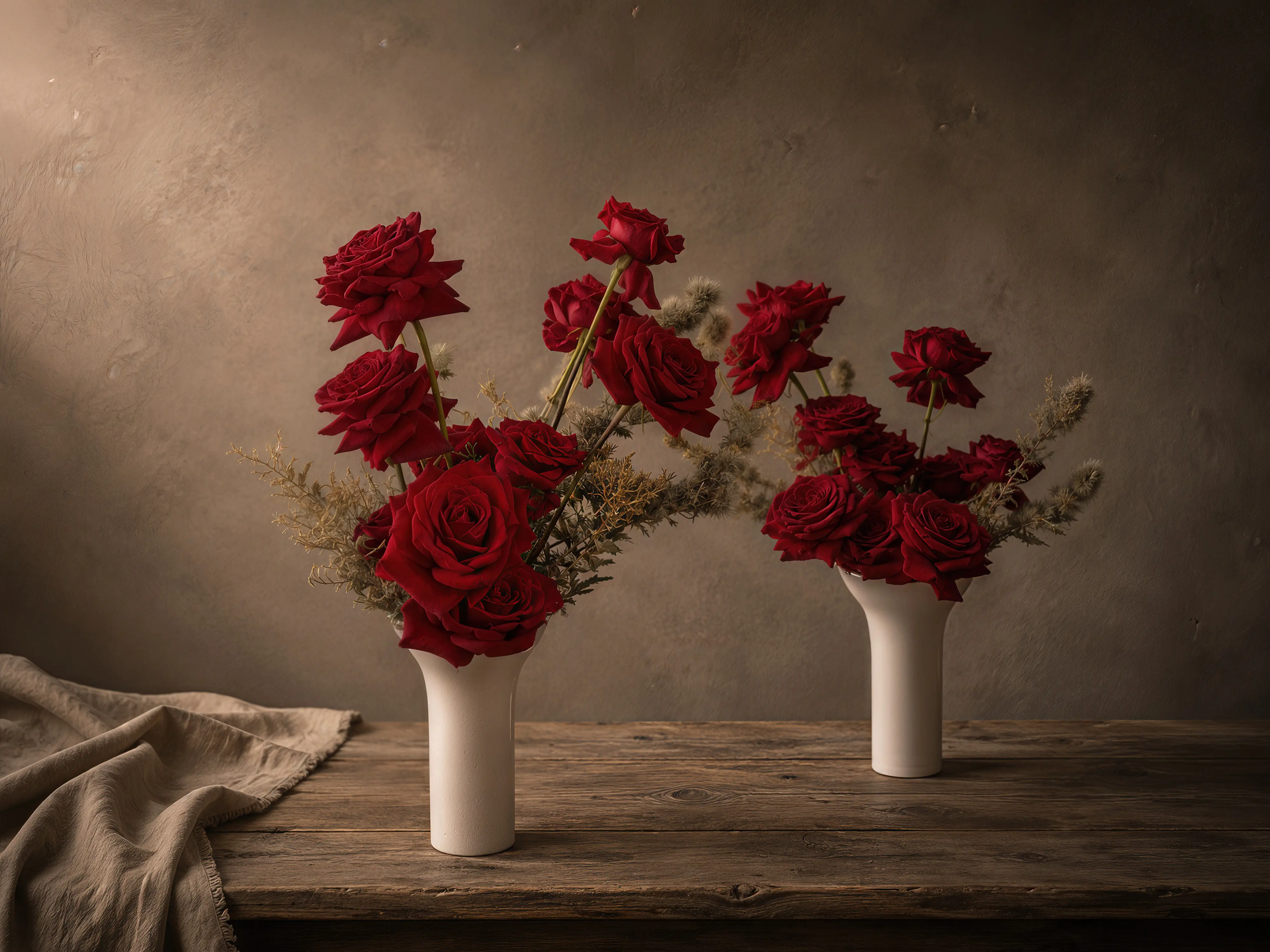 Two white vases of deep red roses with dried grasses and thistle, on a rustic wood table against a warm taupe backdrop.