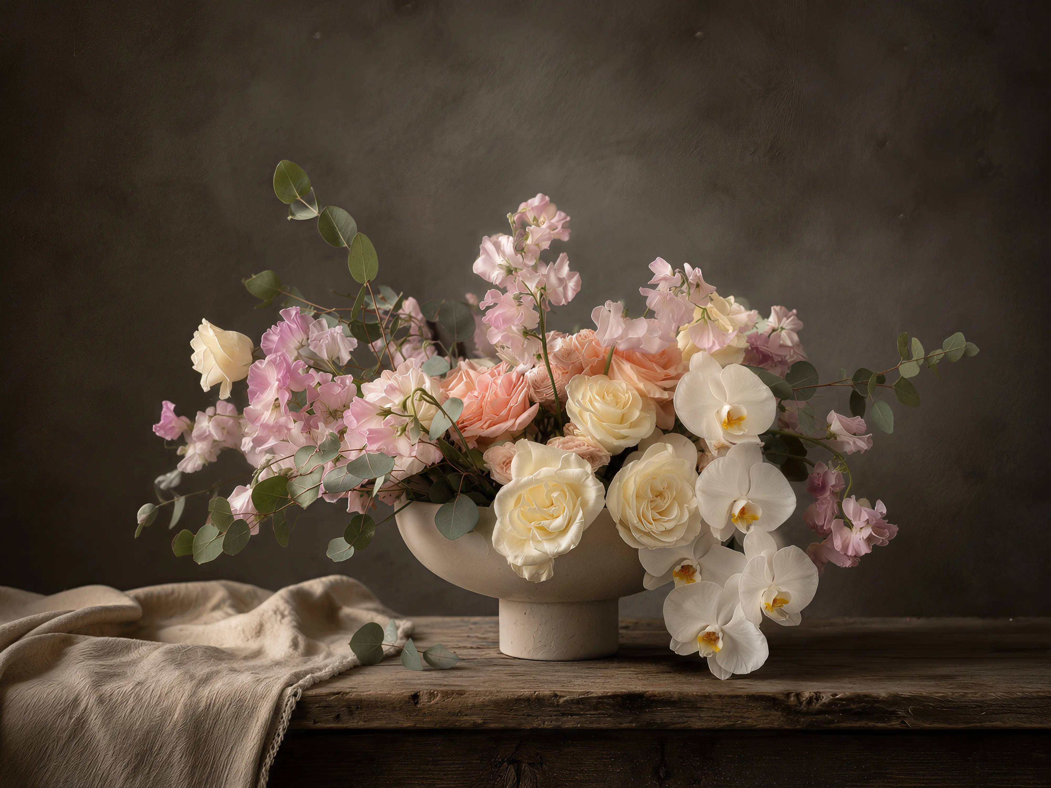 Large seasonal floral arrangement in a stone vessel on a table