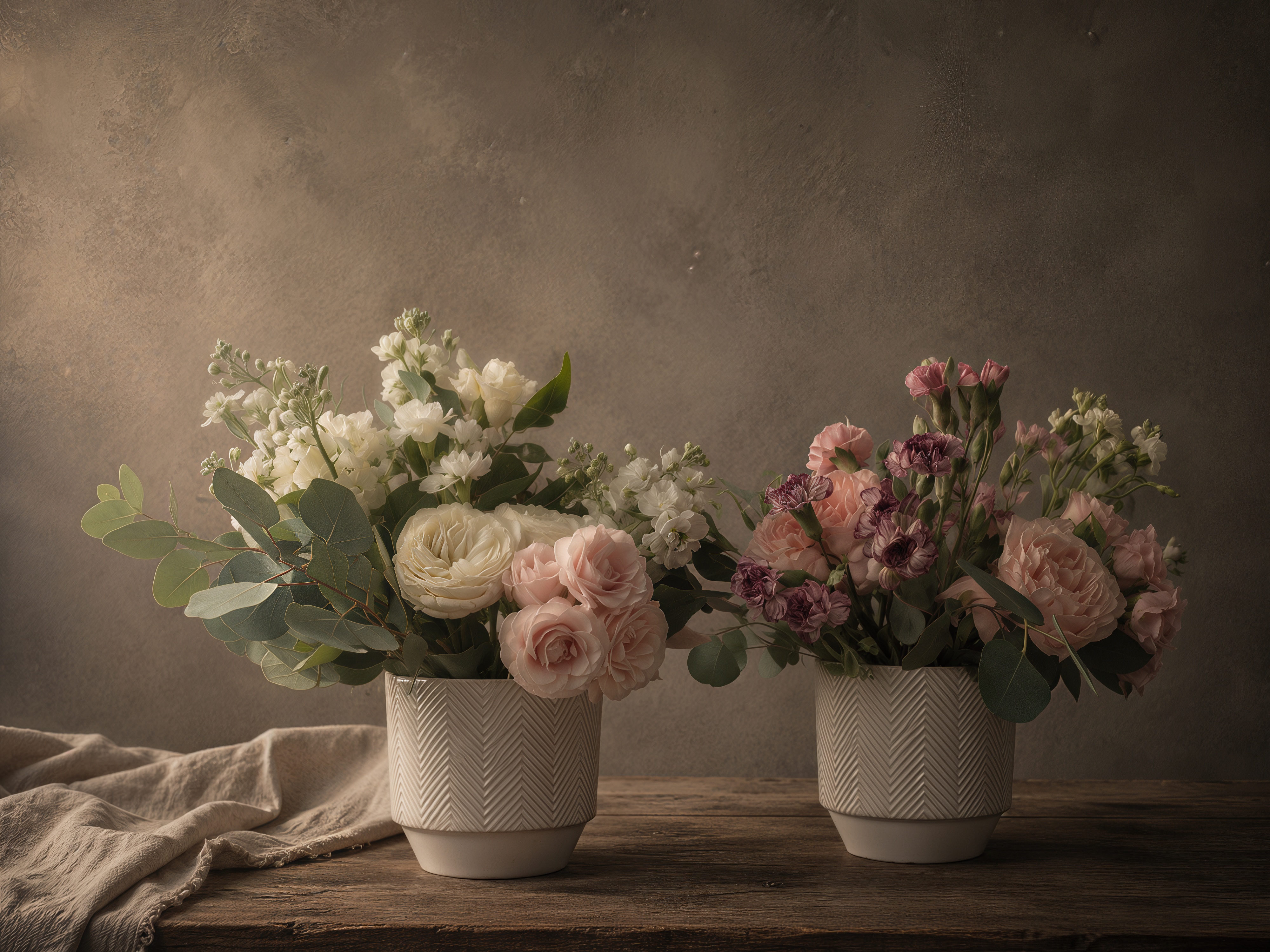 Two complementary floral arrangements displayed in matching textured ceramic vessels. White ranunculus, blush garden roses, spray roses, stock, eucalyptus, and mauve blooms are arranged as a paired composition on a rustic wood table against a warm taupe backdrop with soft directional light.